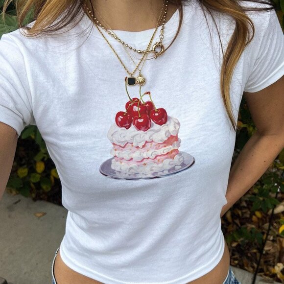 Tops - Pink and Red Coquette Cherry Cake shirt Baby Tee, Girly Fashion, Trending